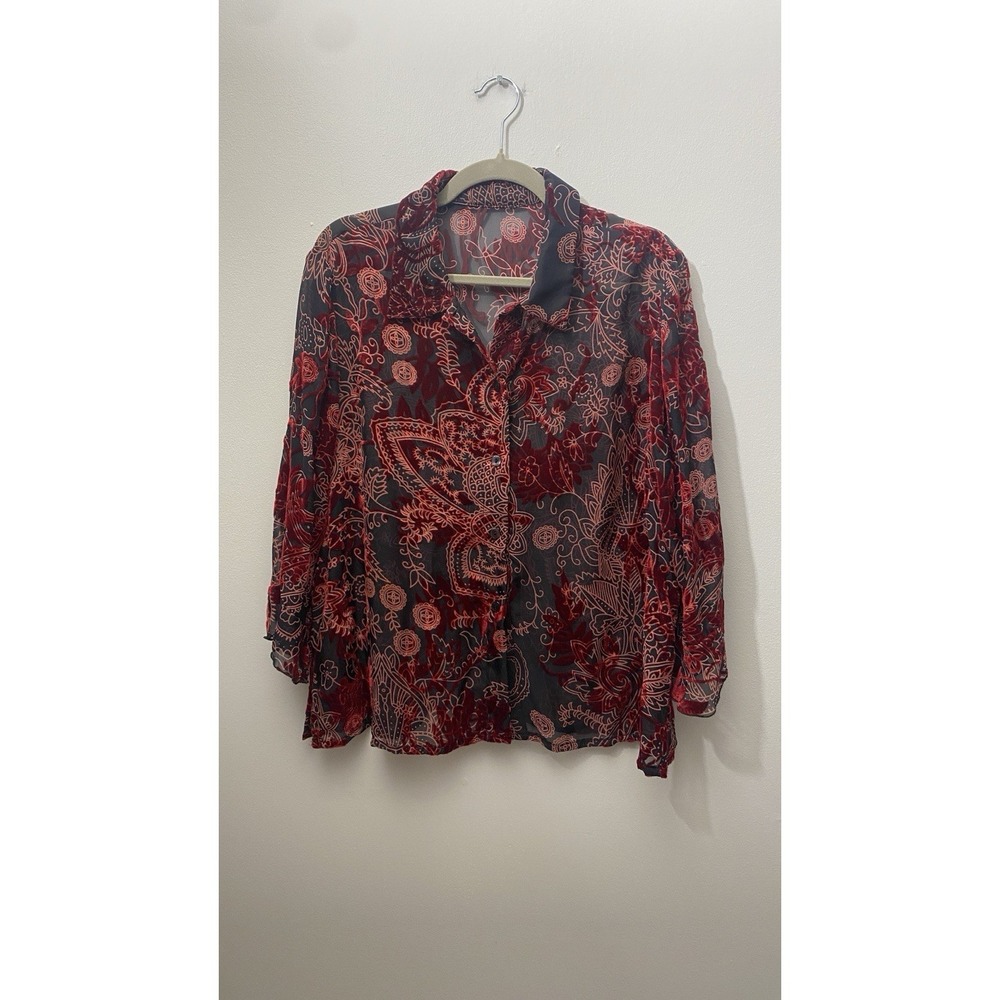 Whimsigoth Dark BOHO Romantic Sheer Burnout Velvet Button Down Top‎ Sz L/XL